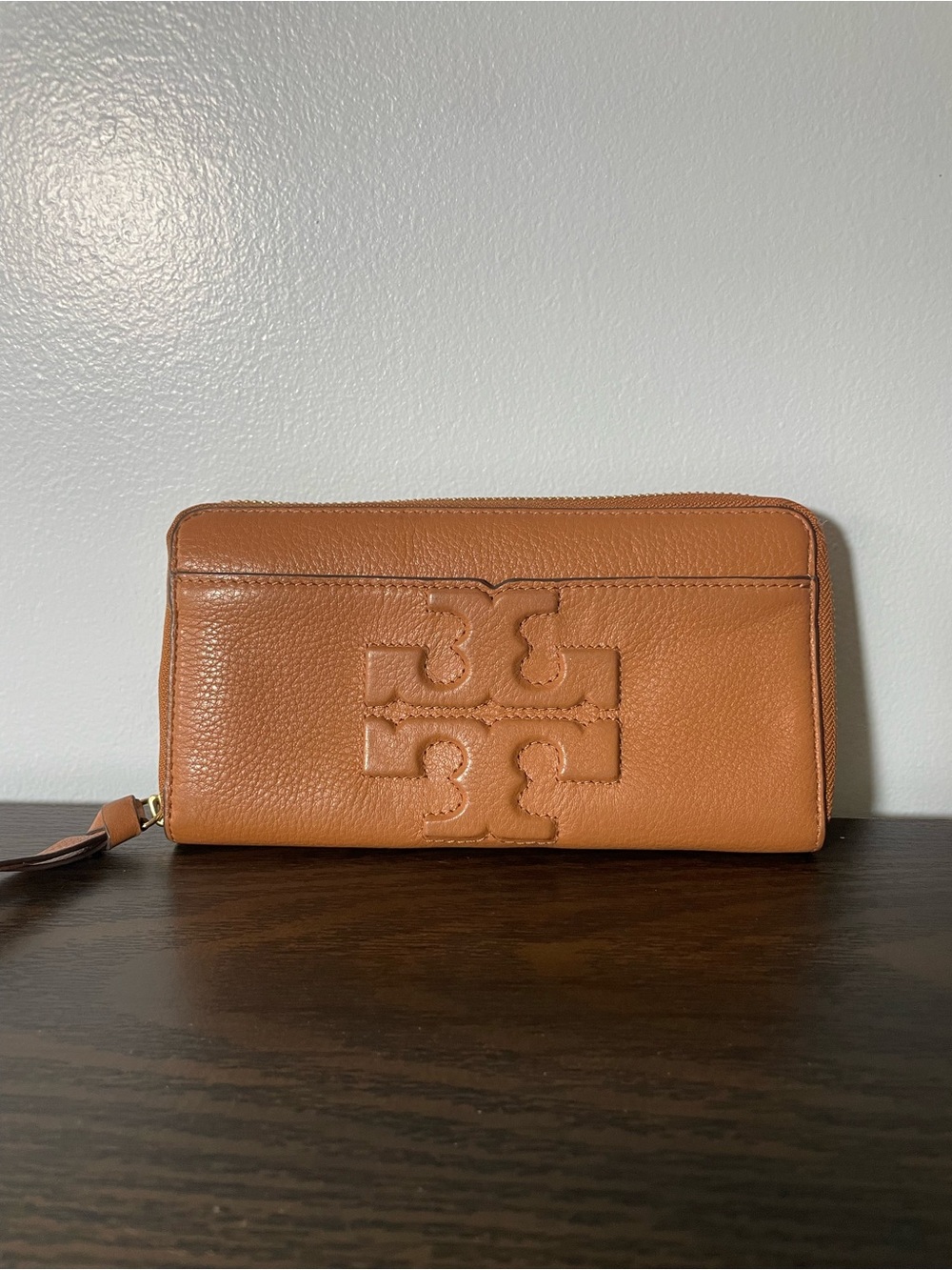 Tory Burch Caramel Leather Zip-Around Wallet with Logo